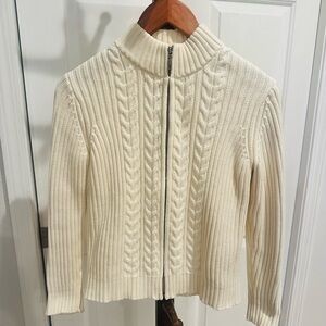 Vintage Land’s End Cream Cable-Knit Zip Women’s Sweater XS Petite 100% Cotton